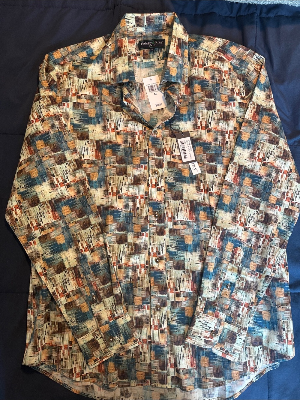 Paisley & Gray Teal, Rust and Beige Abstract Print Button-Up